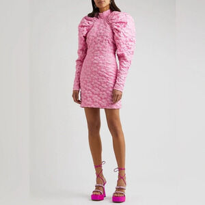 Textured Pink Puff-Sleeve Mini Dress